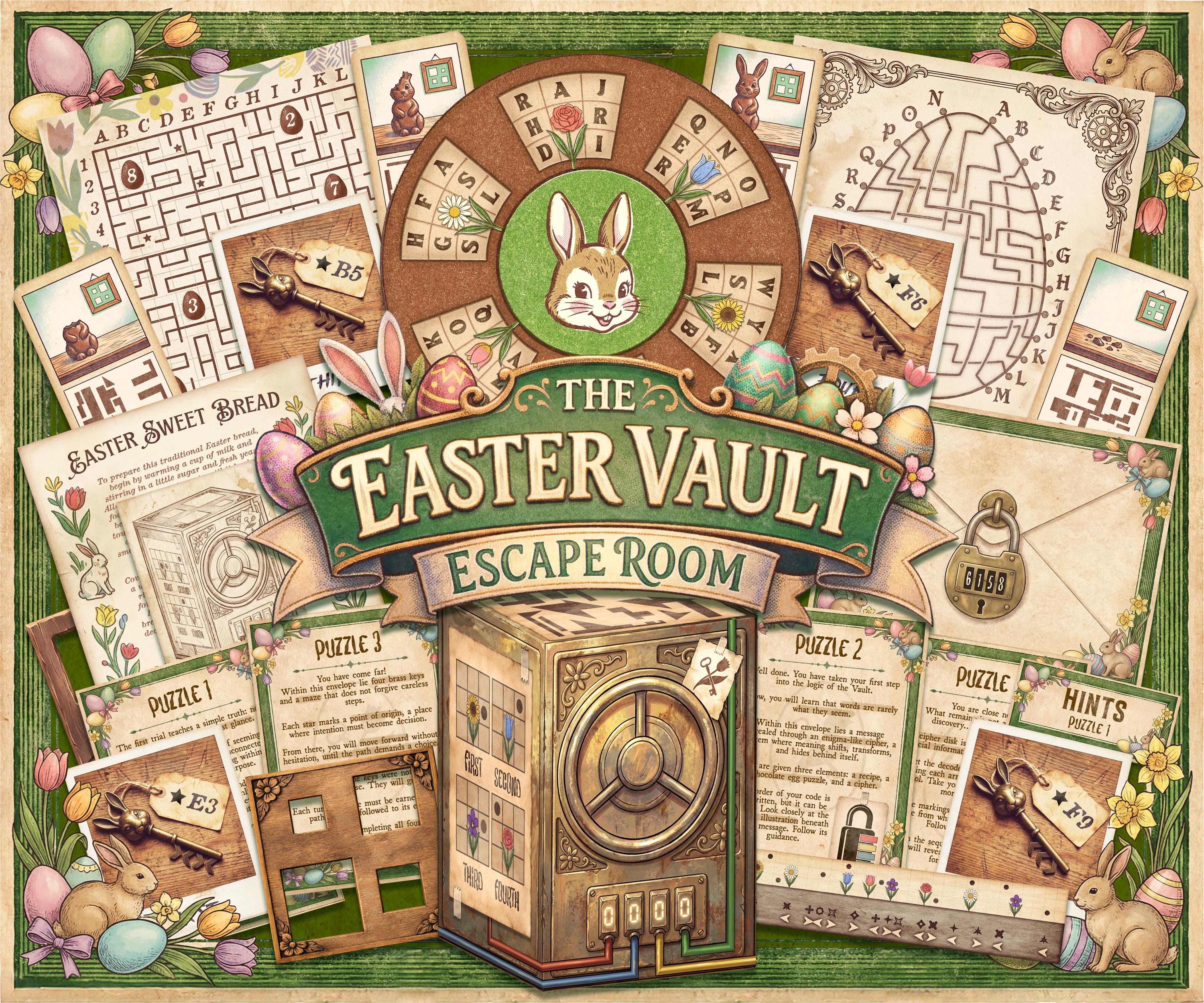 Printable Easter escape room game for families — The Easter Vault by MysteryLocks. Includes 5 puzzles, story cards, cipher tools, and a paper vault model. Instant digital download. Best Easter activity for kids aged 8 and up. Fun Easter game for family game night. Print at home, no extra supplies needed.