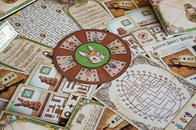 Themed printable envelopes for The Easter Vault escape room game, each labeled with a 4-digit combination lock code: 6158, 4594, 6489, 7483, 6571, 4579. Easter envelope game for kids and families. Self-guided answer validation system. No game master required. Easy to assemble at home.