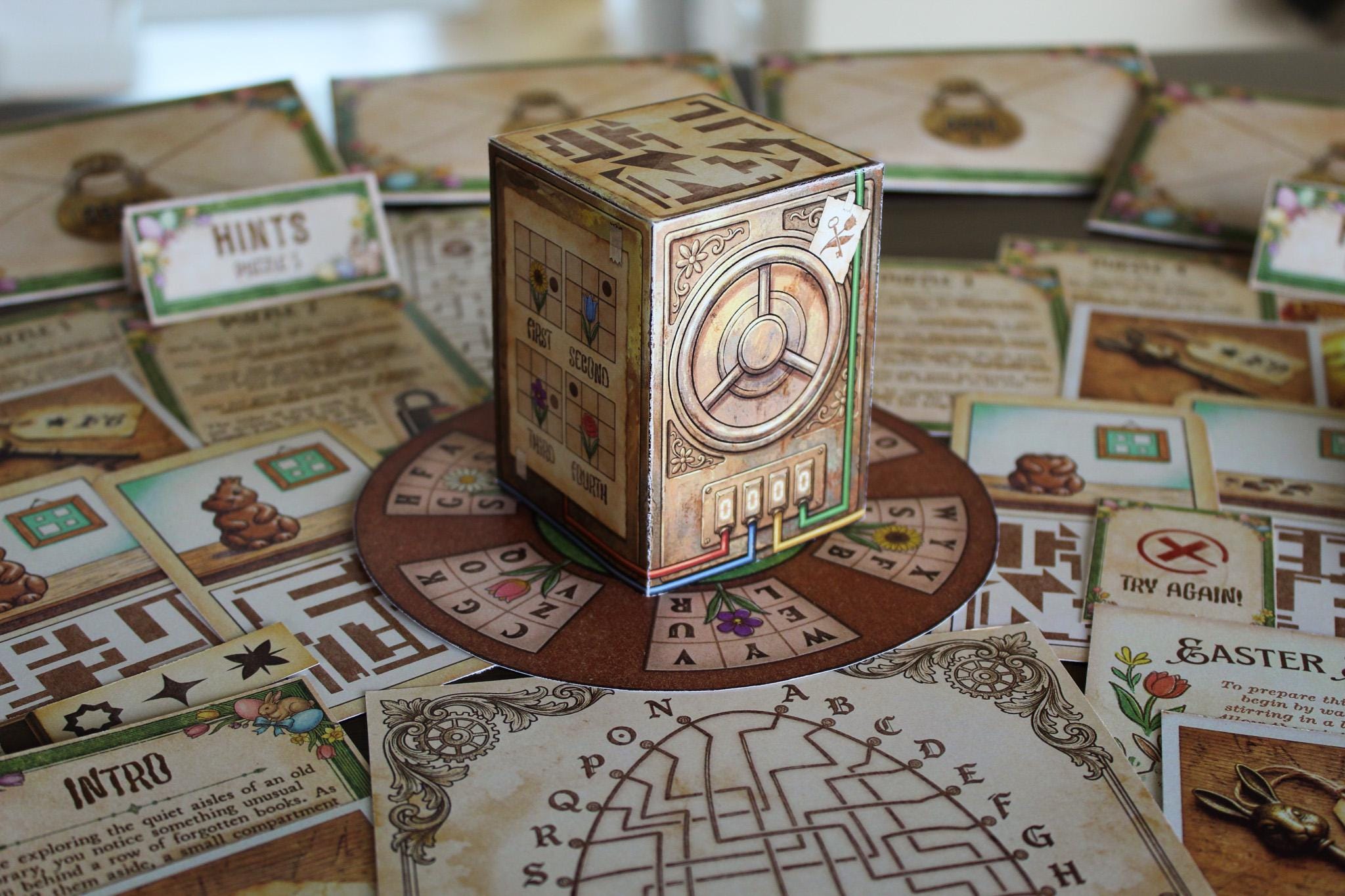 Close-up of Puzzle 1 from The Easter Vault: four chocolate bunny illustration cards showing stages from whole to fully eaten, plus a square decoder piece with cut-out windows. Easter escape room puzzle for kids. Decode hidden four-letter words to reveal a 4-digit code. Fun Easter brain teaser.