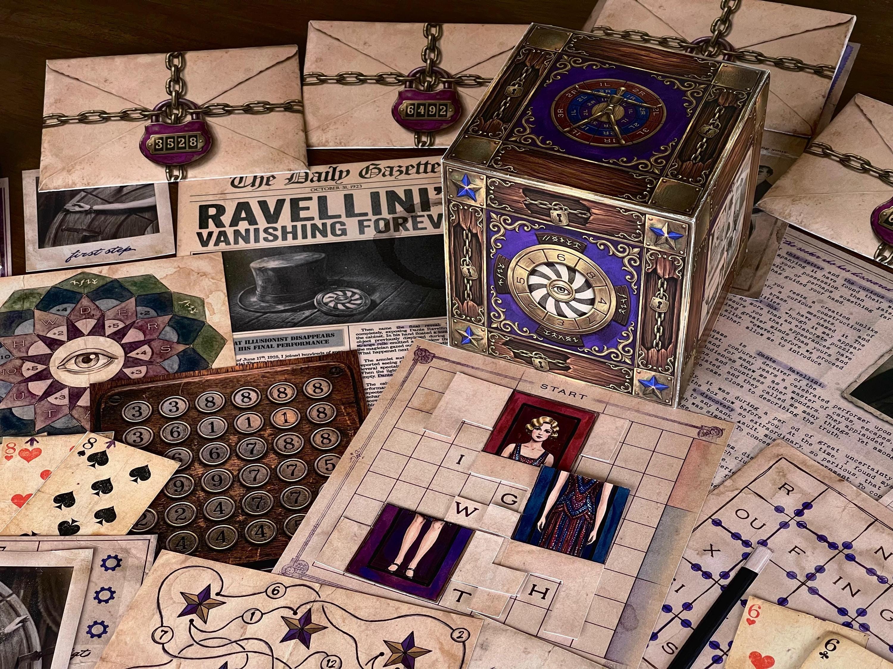 The Illusionist's Box printable escape room showing the assembled 3D cube centerpiece surrounded by puzzle cards, locked envelopes, hint strips, vintage photographs, playing cards, and interactive paper mechanics. This mystery puzzle game for adults and teens offers a challenging DIY escape room experience inspired by stage magic and illusion. Ideal for date night activities, family game nights, birthday parties, and fans of immersive printable escape room games from MysteryLocks.