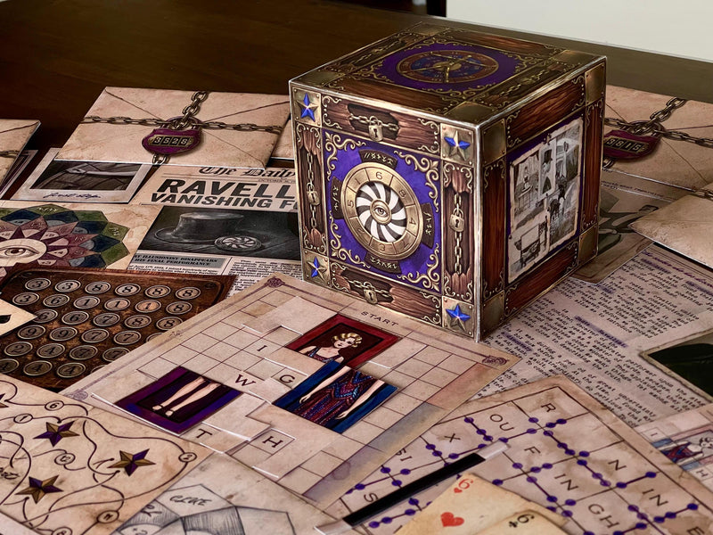 Players examining newspaper clues and playing cards from The Illusionist's Box printable escape room. The game combines logic puzzles, deduction, and interactive paper components inspired by classic stage magic. Designed for adults and teens, this DIY escape room from MysteryLocks creates a unique game night experience suitable for couples, families, and mystery lovers looking for an instant download adventure.