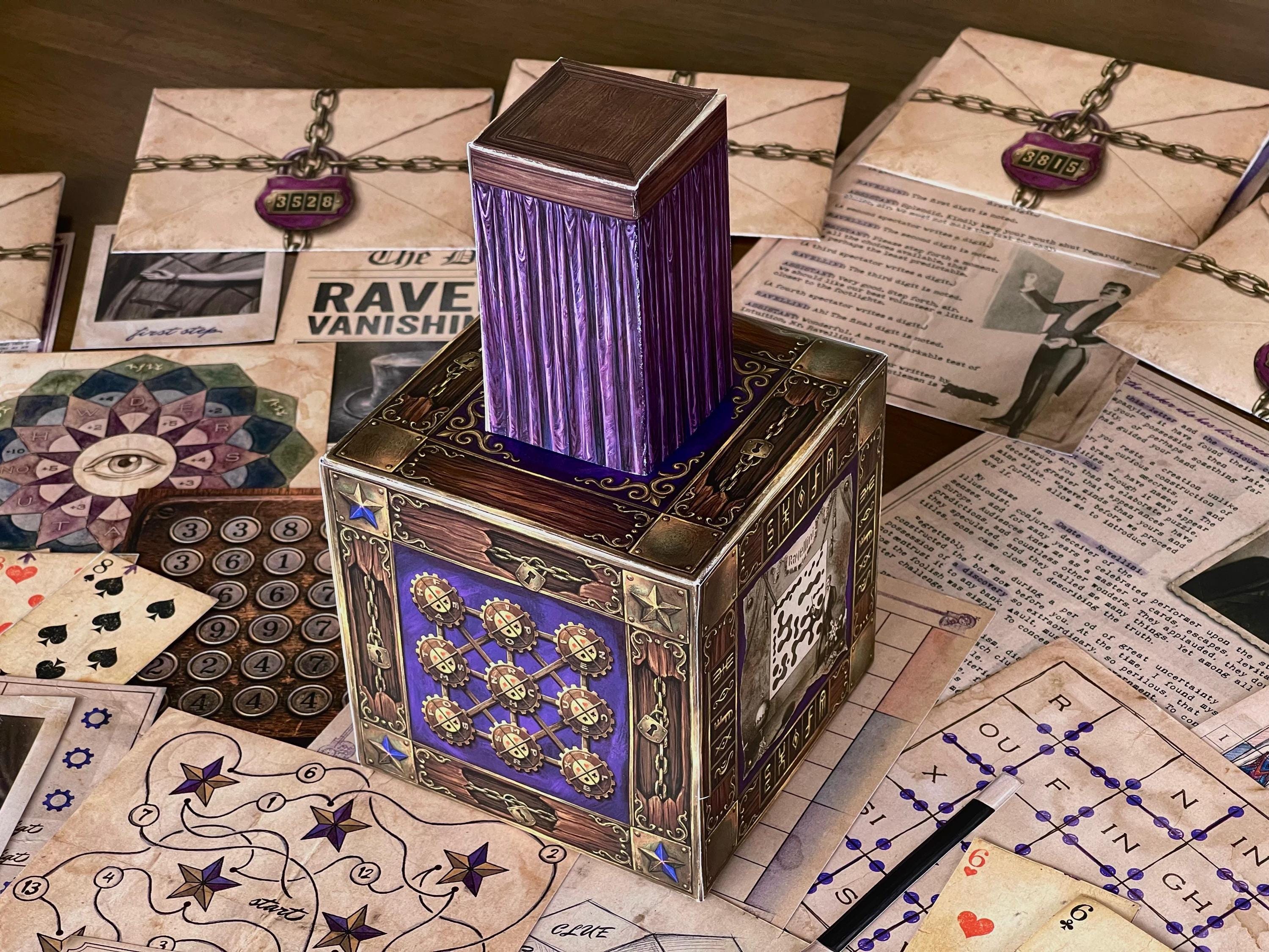 The complete setup of The Illusionist's Box printable escape room by MysteryLocks, featuring the large 3D paper box, seven locked envelopes, puzzle boards, playing cards, star maps, secret symbols, and handwritten clues. This challenging escape room at home game combines tactile puzzles with storytelling and is ideal for couples, families, groups, and fans of mystery games seeking a unique printable adventure with instant PDF download.
