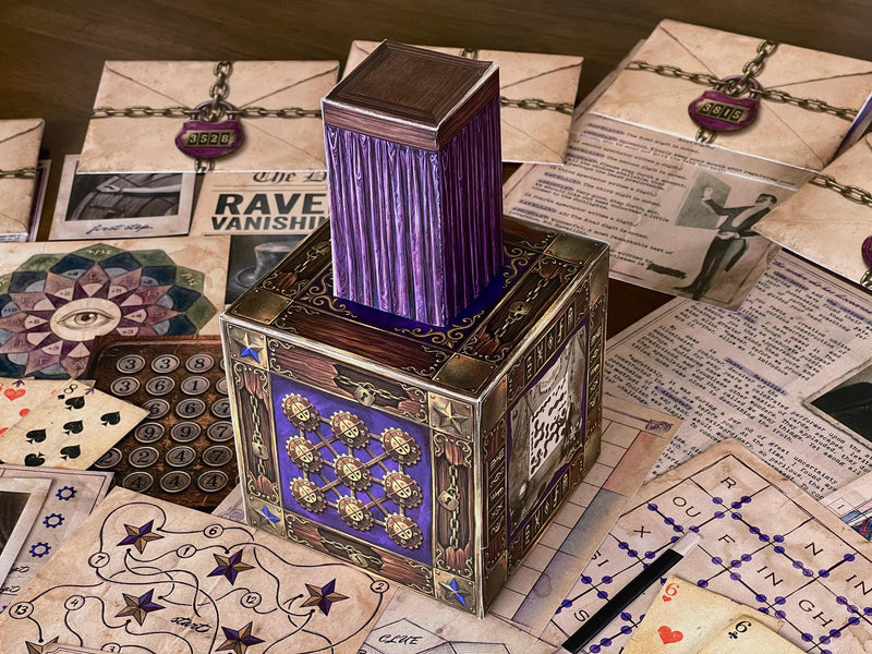 The complete setup of The Illusionist's Box printable escape room by MysteryLocks, featuring the large 3D paper box, seven locked envelopes, puzzle boards, playing cards, star maps, secret symbols, and handwritten clues. This challenging escape room at home game combines tactile puzzles with storytelling and is ideal for couples, families, groups, and fans of mystery games seeking a unique printable adventure with instant PDF download.