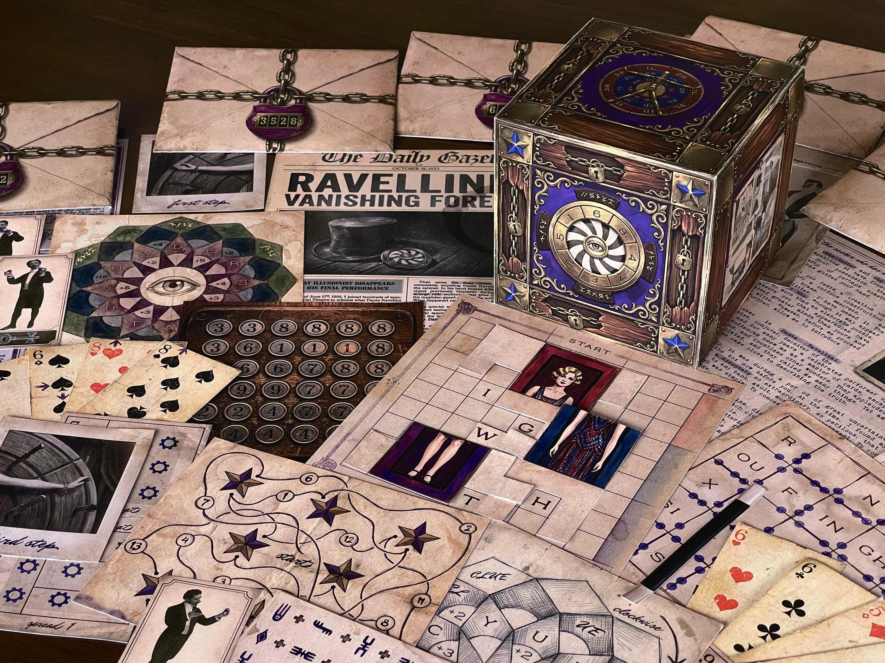 Interactive reveal from The Illusionist's Box showing the rising stage mechanism hidden inside the 3D cube. Inspired by classic illusion performances, this printable escape room includes moving paper elements, locked envelopes, and immersive mystery puzzles. Designed for adults and teens, the game offers a unique combination of storytelling, logic, and physical interaction, making it ideal for game nights and date nights.