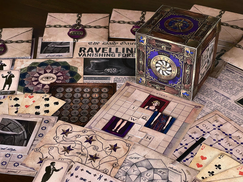 Interactive reveal from The Illusionist's Box showing the rising stage mechanism hidden inside the 3D cube. Inspired by classic illusion performances, this printable escape room includes moving paper elements, locked envelopes, and immersive mystery puzzles. Designed for adults and teens, the game offers a unique combination of storytelling, logic, and physical interaction, making it ideal for game nights and date nights.