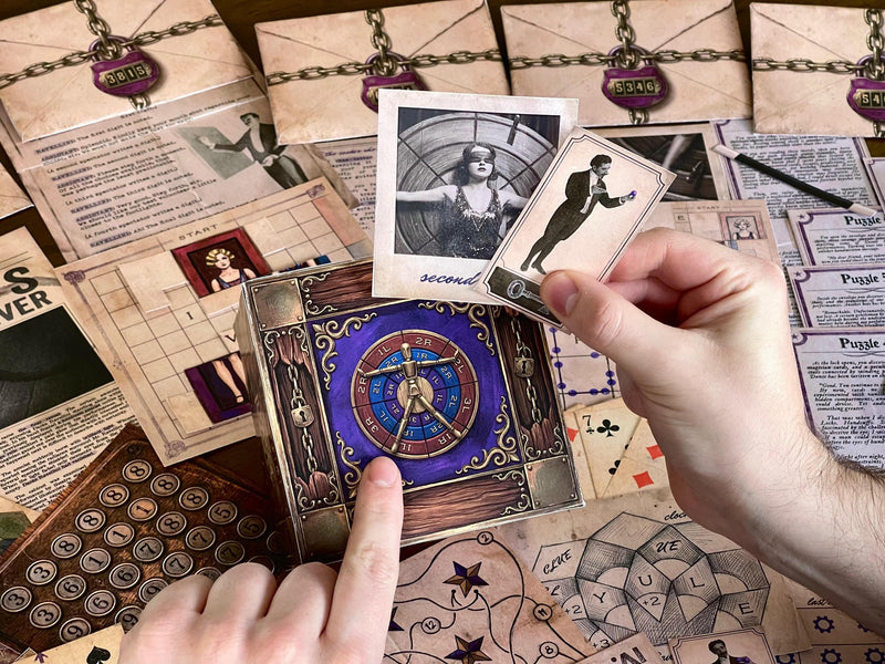 Players holding puzzle cards and investigating clues beside the interactive 3D cube from The Illusionist's Box printable escape room. Featuring locked envelopes, secret mechanisms, and immersive storytelling, this puzzle game for adults and teens delivers a realistic escape room experience at home. A great date night activity and gift for escape room enthusiasts and fans of mystery games.
