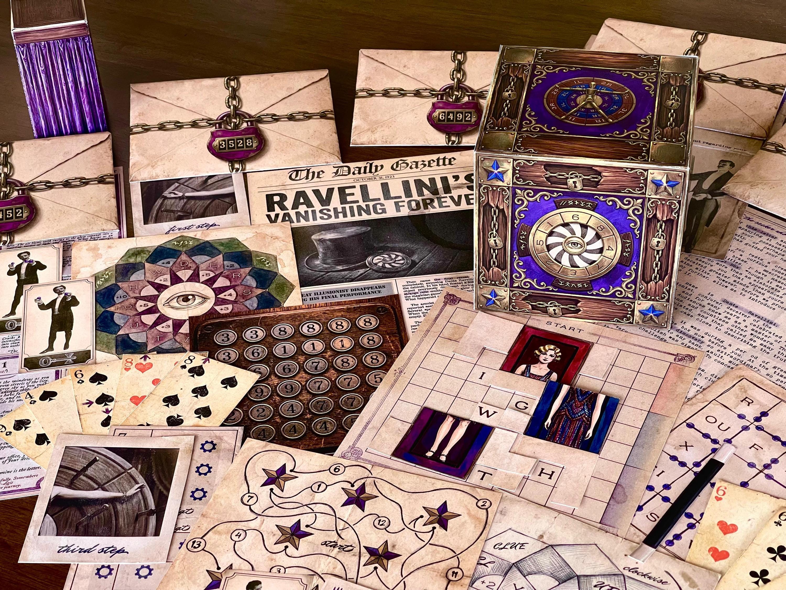 Close-up view of The Illusionist's Box printable escape room featuring the detailed paper cube, secret puzzle pieces, locked envelopes, newspaper article, star maze, and card clues. This instant download escape room game combines physical interaction with logic and deduction, creating an immersive mystery adventure for couples, puzzle lovers, escape room fans, and groups looking for unique game night activities at home.