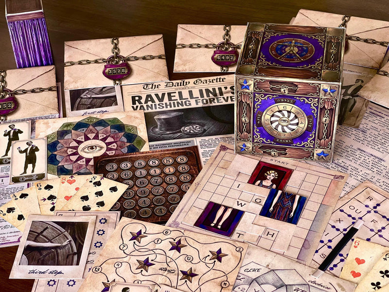 Close-up view of The Illusionist's Box printable escape room featuring the detailed paper cube, secret puzzle pieces, locked envelopes, newspaper article, star maze, and card clues. This instant download escape room game combines physical interaction with logic and deduction, creating an immersive mystery adventure for couples, puzzle lovers, escape room fans, and groups looking for unique game night activities at home.