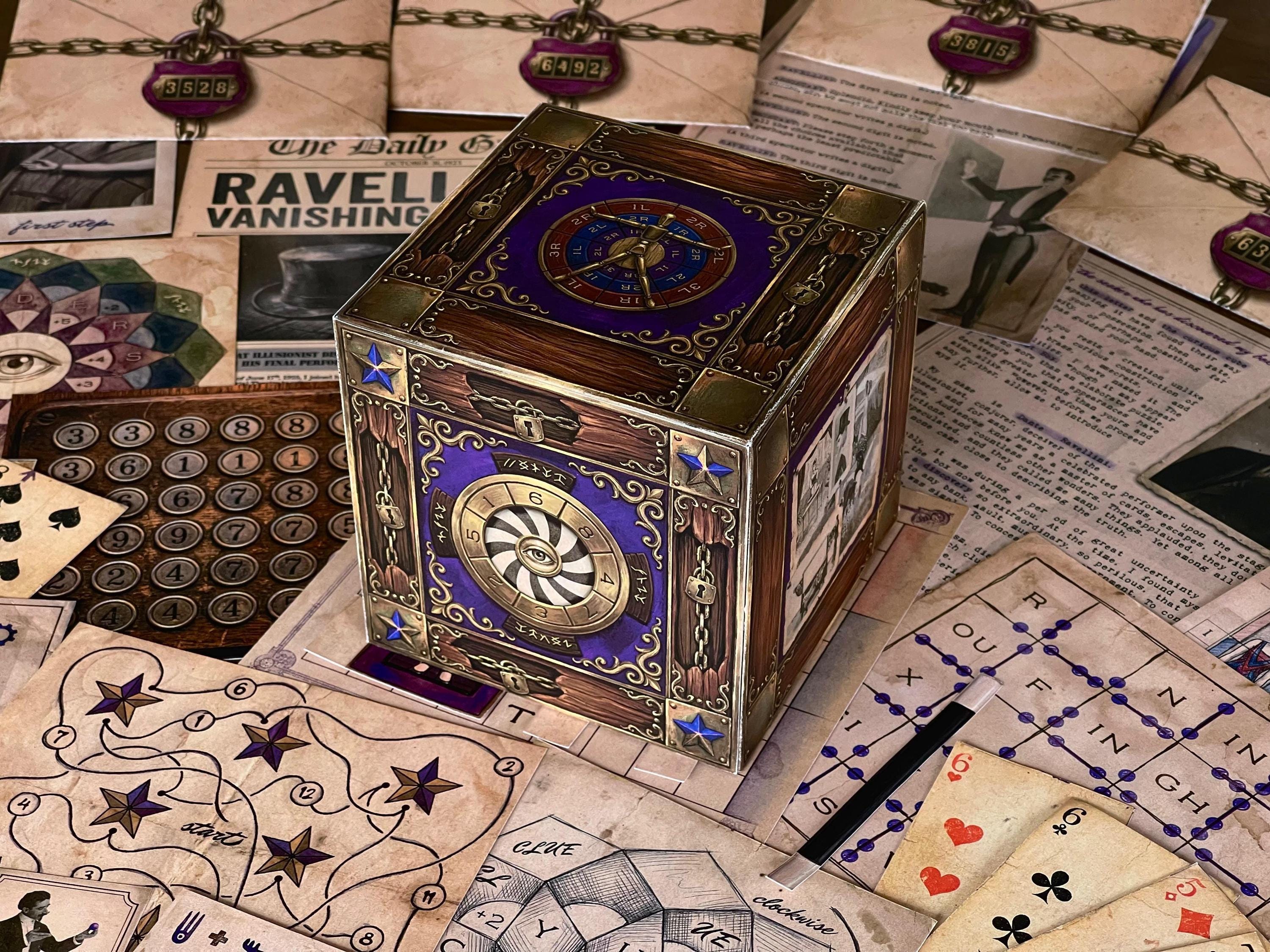 Printable escape room game setup from The Illusionist's Box by MysteryLocks featuring the interactive 3D paper cube, locked envelopes, newspaper clues, playing cards, star maps, and magic-themed puzzle components. This DIY escape room for adults combines mystery, logic puzzles, and challenges inspired by classic illusionists. Perfect for game nights, couples, families, date nights, and puzzle lovers seeking an immersive escape room at home experience with instant download PDF files.