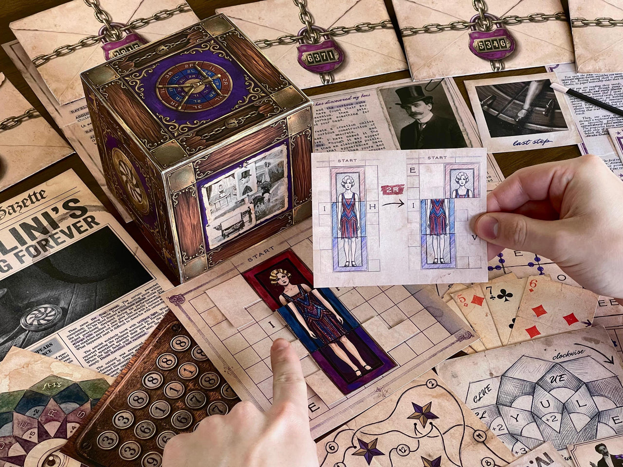Vintage-inspired printable escape room game by MysteryLocks featuring the 3D illusionist cube surrounded by interactive puzzle components, mysterious envelopes, playing cards, hidden clues, and cipher challenges. Designed for adults and smart teens, The Illusionist's Box delivers a hands-on mystery experience filled with magic, deduction, and creative problem solving. Great for couples, family gatherings, birthday parties, and date night entertainment with instant download PDF files.