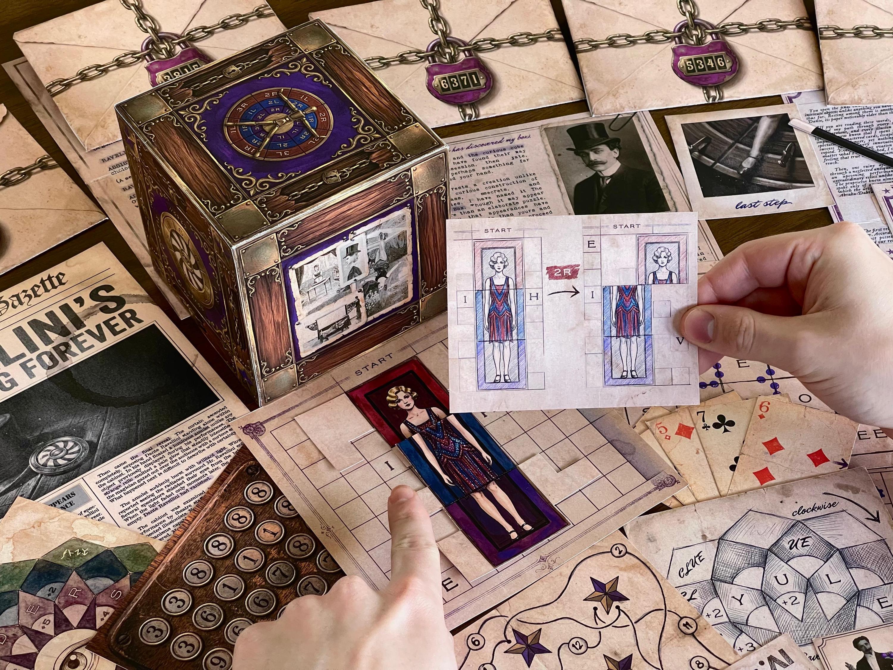 Vintage-inspired printable escape room game by MysteryLocks featuring the 3D illusionist cube surrounded by interactive puzzle components, mysterious envelopes, playing cards, hidden clues, and cipher challenges. Designed for adults and smart teens, The Illusionist's Box delivers a hands-on mystery experience filled with magic, deduction, and creative problem solving. Great for couples, family gatherings, birthday parties, and date night entertainment with instant download PDF files.