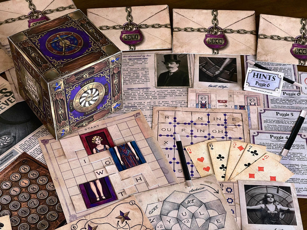 Side perspective of The Illusionist's Box showing the ornate 3D cube centerpiece surrounded by locked envelopes, newspaper articles, coded messages, playing cards, and puzzle pieces. Inspired by vintage illusionists and magical performances, this printable escape room for adults and teens provides a memorable game night experience full of logic, mystery, and hands-on interaction. A perfect date night activity and gift for puzzle lovers.