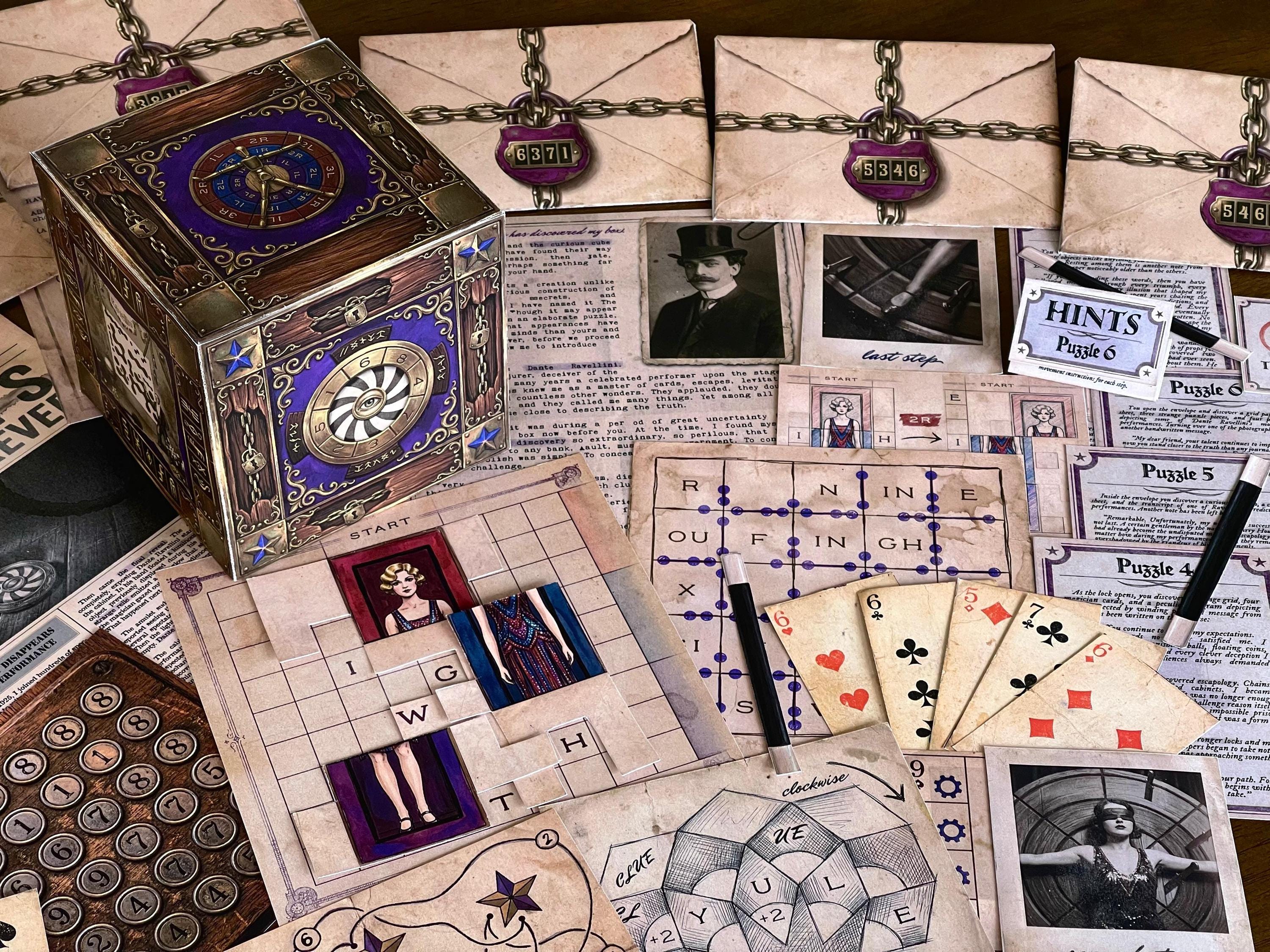 Side perspective of The Illusionist's Box showing the ornate 3D cube centerpiece surrounded by locked envelopes, newspaper articles, coded messages, playing cards, and puzzle pieces. Inspired by vintage illusionists and magical performances, this printable escape room for adults and teens provides a memorable game night experience full of logic, mystery, and hands-on interaction. A perfect date night activity and gift for puzzle lovers.
