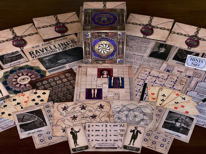 Demonstration of one of the hands-on puzzle mechanics from The Illusionist's Box printable escape room. Players manipulate paper components and follow clues hidden throughout the game to uncover the secrets of illusionist Dante Ravellini. Combining storytelling, logic, and tactile challenges, this DIY escape room is ideal for couples, puzzle lovers, family game nights, and immersive entertainment.