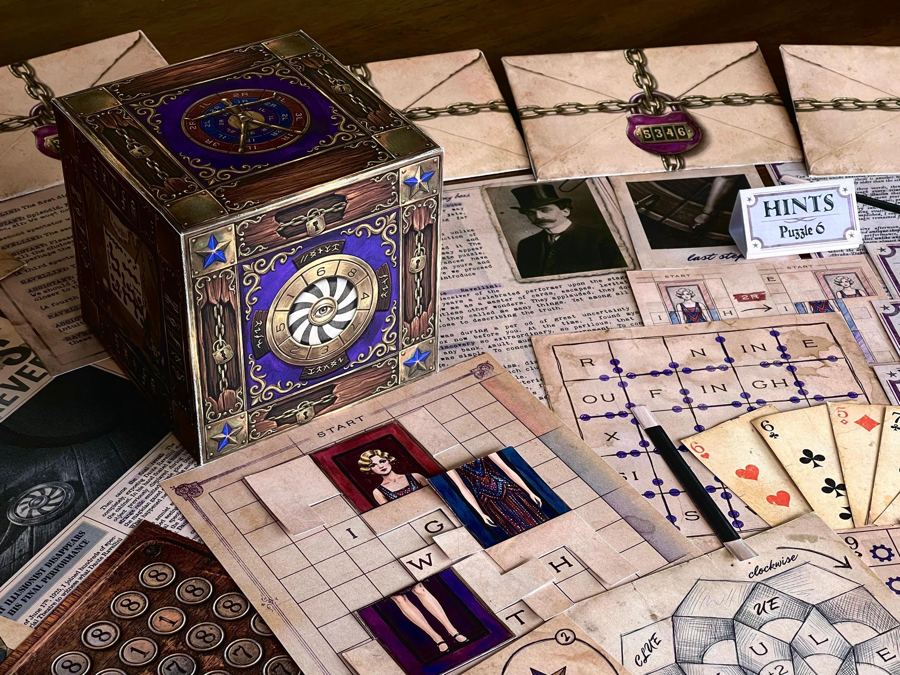 Front-facing view of The Illusionist's Box printable escape room displaying the interactive paper cube with mystical symbols and hidden mechanisms. Surrounding the centerpiece are vintage puzzle cards, locked envelopes, a newspaper clue, magic-themed components, and logic challenges. This DIY escape room game for adults and teens offers an immersive mystery experience inspired by illusionists and classic stage magic, perfect for game nights and puzzle enthusiasts.