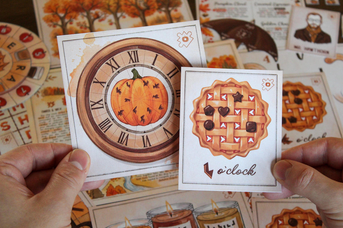 Hands holding puzzle pieces from Cozy Autumn Escape Room, a printable fall-themed escape room for teens, adults, families, and puzzle lovers. The image features a pumpkin clock with Roman numerals and directional arrows beside an illustrated apple pie card marked with symbols and the text “4 o’clock.” Surrounded by autumn maps, candles, character cards, umbrella clues, and seasonal artwork, this DIY escape room blends visual logic, sequencing, observation, and cozy hands-on puzzle solving.
