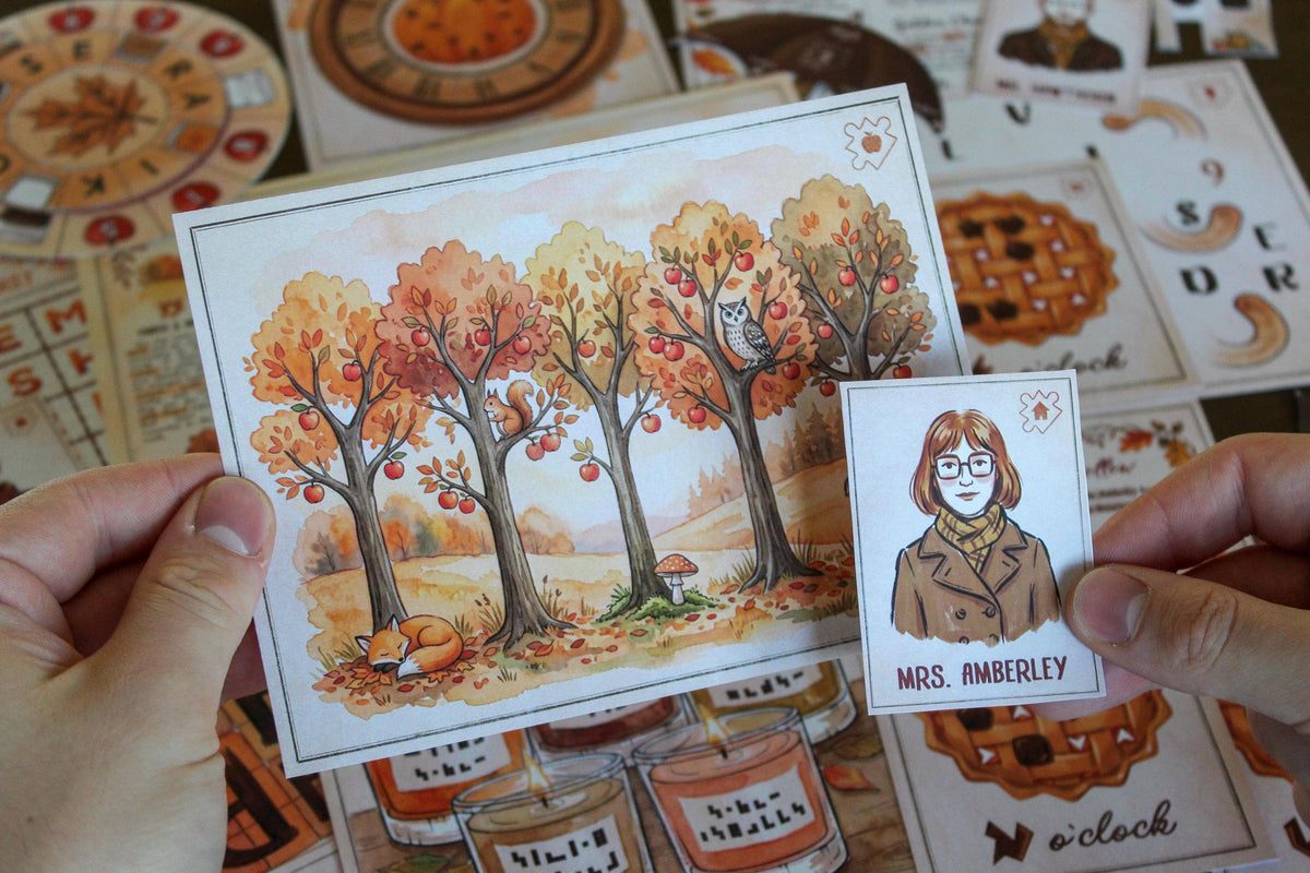 Hands holding puzzle pieces from Cozy Autumn Escape Room, a printable fall-themed escape room for teens, adults, families, and puzzle lovers. The image features an illustrated autumn orchard with apple trees, an owl, squirrel, fox, and woodland scenery beside a character card for Mrs. Amberley. Pumpkin clock, candle, pie, map, and other seasonal puzzle materials appear in the background, highlighting the game’s cozy storytelling, visual clues, logic, and hands-on at-home escape room gameplay.