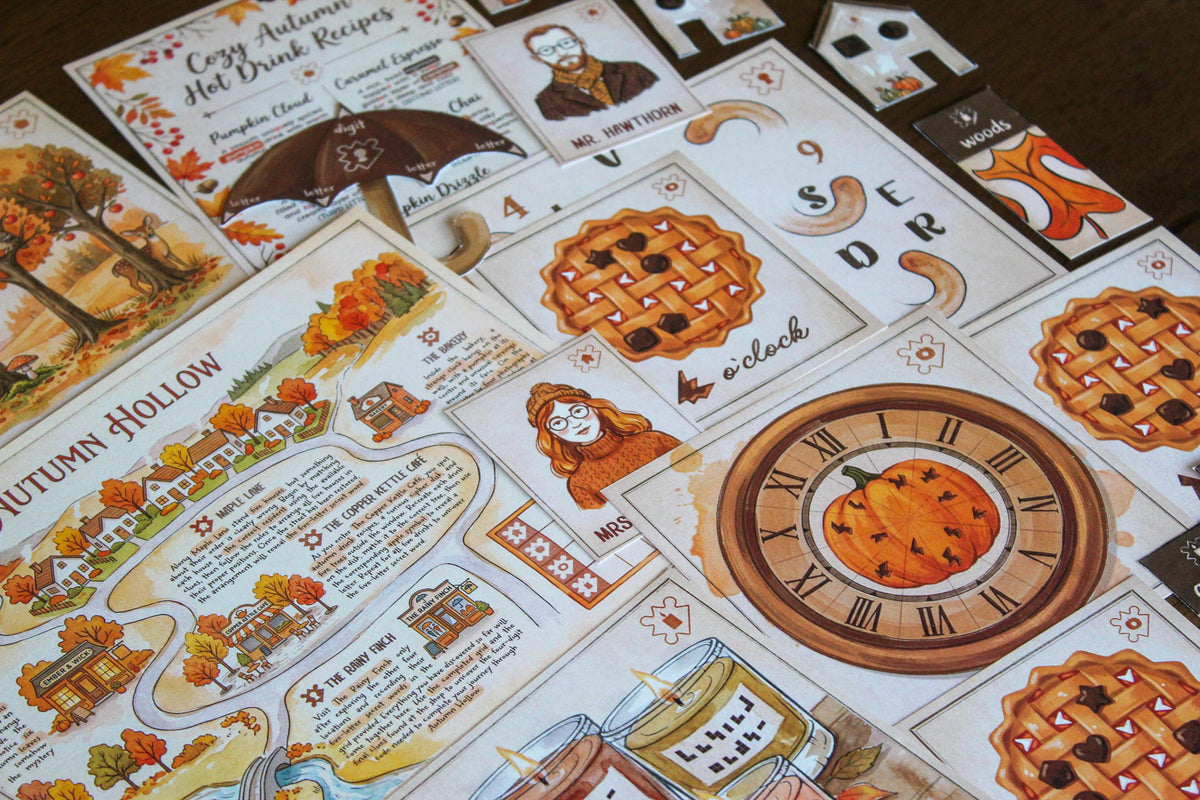 Close-up flat lay of Cozy Autumn Escape Room, a printable fall-themed escape room for teens, adults, families, and puzzle lovers. The image features the Autumn Hollow map, pumpkin clock, apple pie puzzle cards, hot drink recipes, character clues, coded candles, umbrella and leaf pieces, and other seasonal game materials. This cozy DIY escape room combines logic, decoding, visual clues, hands-on paper puzzles, and autumn storytelling for an immersive at-home game night.