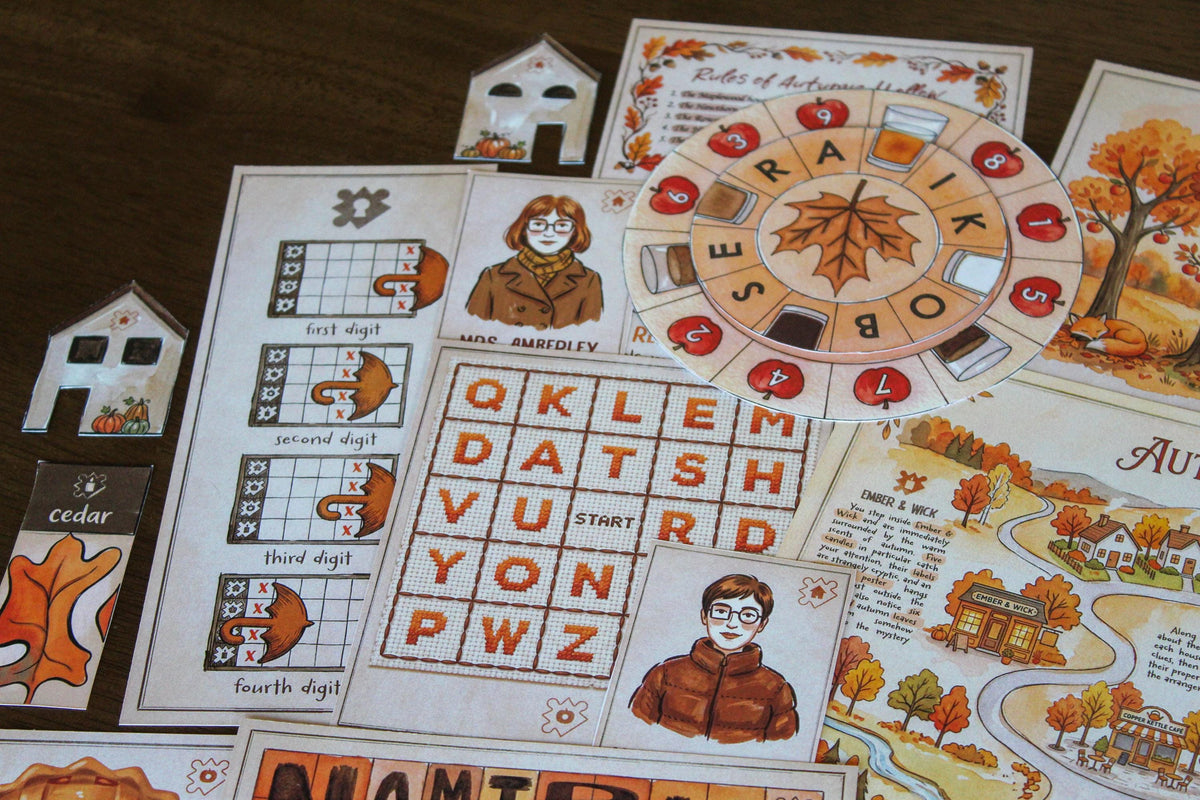 Close-up of Cozy Autumn Escape Room, a printable fall-themed escape room for teens, adults, families, and puzzle lovers. The image features an interactive autumn drink decoder wheel, letter-grid puzzle, character cards, umbrella-based final code clues, house pieces, leaf cards, and the illustrated Autumn Hollow map. This cozy DIY escape room blends logic, decoding, visual clues, hands-on paper manipulation, and seasonal storytelling for an immersive at-home autumn puzzle adventure.