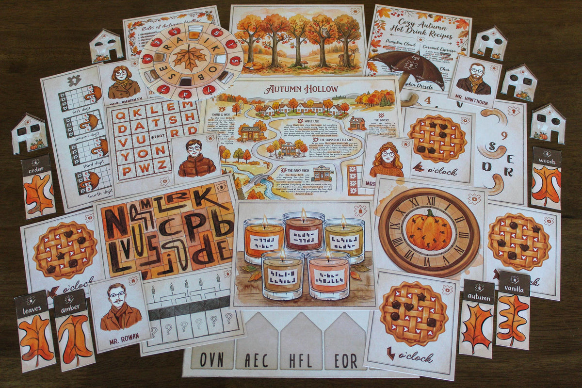 Complete flat lay of Cozy Autumn Escape Room, a printable fall-themed escape room for teens, adults, families, and puzzle lovers. The image shows the full Autumn adventure with village map, character cards, apple pie puzzles, pumpkin clock, coded candle jars, autumn drink decoder wheel, leaf clues, letter grids, house pieces, and final code materials. This cozy DIY escape room combines logic, observation, decoding, and hands-on printable puzzles for an immersive seasonal game night at home.