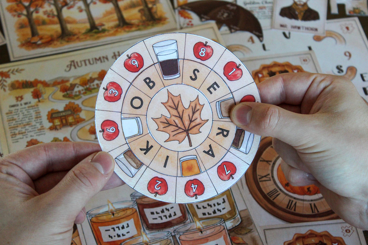 Hands holding an interactive autumn drink decoder wheel from Cozy Autumn Escape Room, a printable fall-themed escape room for teens, adults, families, and puzzle lovers. The circular puzzle features numbered apples, hot drink illustrations, letter segments, and a maple leaf center, with the Autumn Hollow map, pumpkin clock, candles, pie cards, and character clues visible behind it. This DIY escape room combines hands-on paper manipulation, decoding, logic, and cozy seasonal puzzle solving.