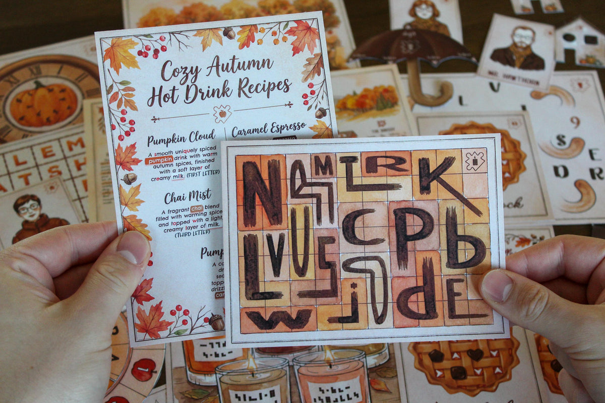 Hands holding puzzle pieces from Cozy Autumn Escape Room, a printable fall-themed escape room for teens and adults. The image features a Cozy Autumn Hot Drink Recipes card and an interactive wooden letter-tile puzzle, surrounded by autumn game materials including a pumpkin clock, candles, character cards, an umbrella clue, and seasonal illustrations. This DIY escape room combines logic, wordplay, hands-on puzzles, and cozy autumn storytelling for an immersive at-home game night.
