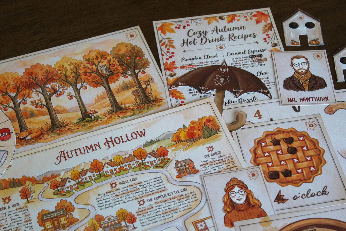 Close-up flat lay of Cozy Autumn Escape Room, a printable fall-themed escape room for teens, adults, families, and puzzle lovers. The image features the illustrated Autumn Hollow map, cozy hot drink recipe card, autumn orchard scene, umbrella decoder, character cards, apple pie puzzle, and house-shaped clues. Warm orange and brown artwork creates a cozy seasonal atmosphere while the game combines logic, observation, decoding, and hands-on printable puzzles for an immersive home game night.