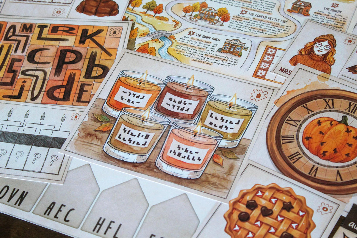 Close-up of puzzle materials from Cozy Autumn Escape Room, a printable fall-themed escape room for teens, adults, families, and puzzle lovers. The image features five illustrated autumn candles with coded labels, alongside the Autumn Hollow map, pumpkin clock, apple pie clue, character cards, and a wooden letter puzzle. This cozy DIY escape room combines visual clues, decoding, logic, sequencing, and hands-on paper puzzles to create an immersive seasonal game night adventure at home.