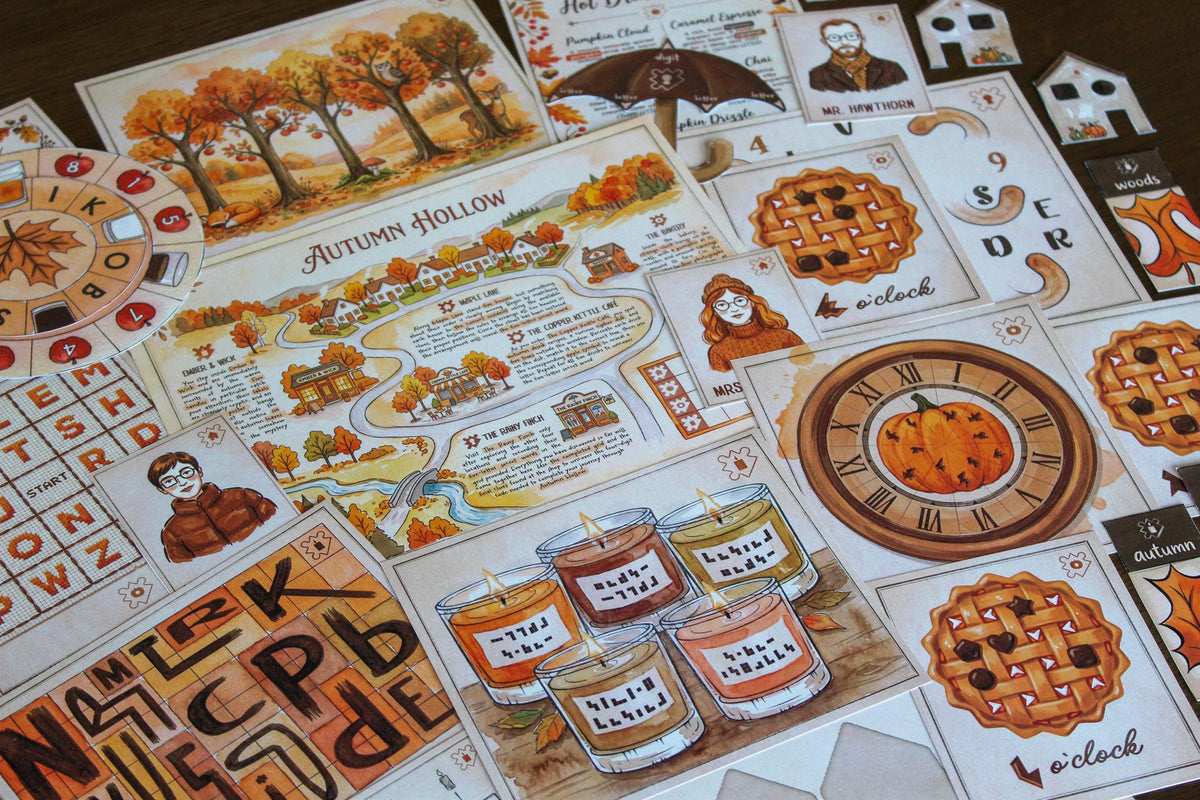 Close-up flat lay of Cozy Autumn Escape Room, a printable fall-themed escape room for teens, adults, families, and puzzle lovers. The image features the illustrated Autumn Hollow map, pumpkin clock puzzle, coded candle jars, apple pie clue cards, autumn drink decoder wheel, character cards, leaf clues, letter-grid puzzles, and woodland artwork. This cozy DIY escape room combines logic, observation, decoding, sequencing, and hands-on paper puzzles for an immersive seasonal game night at home.
