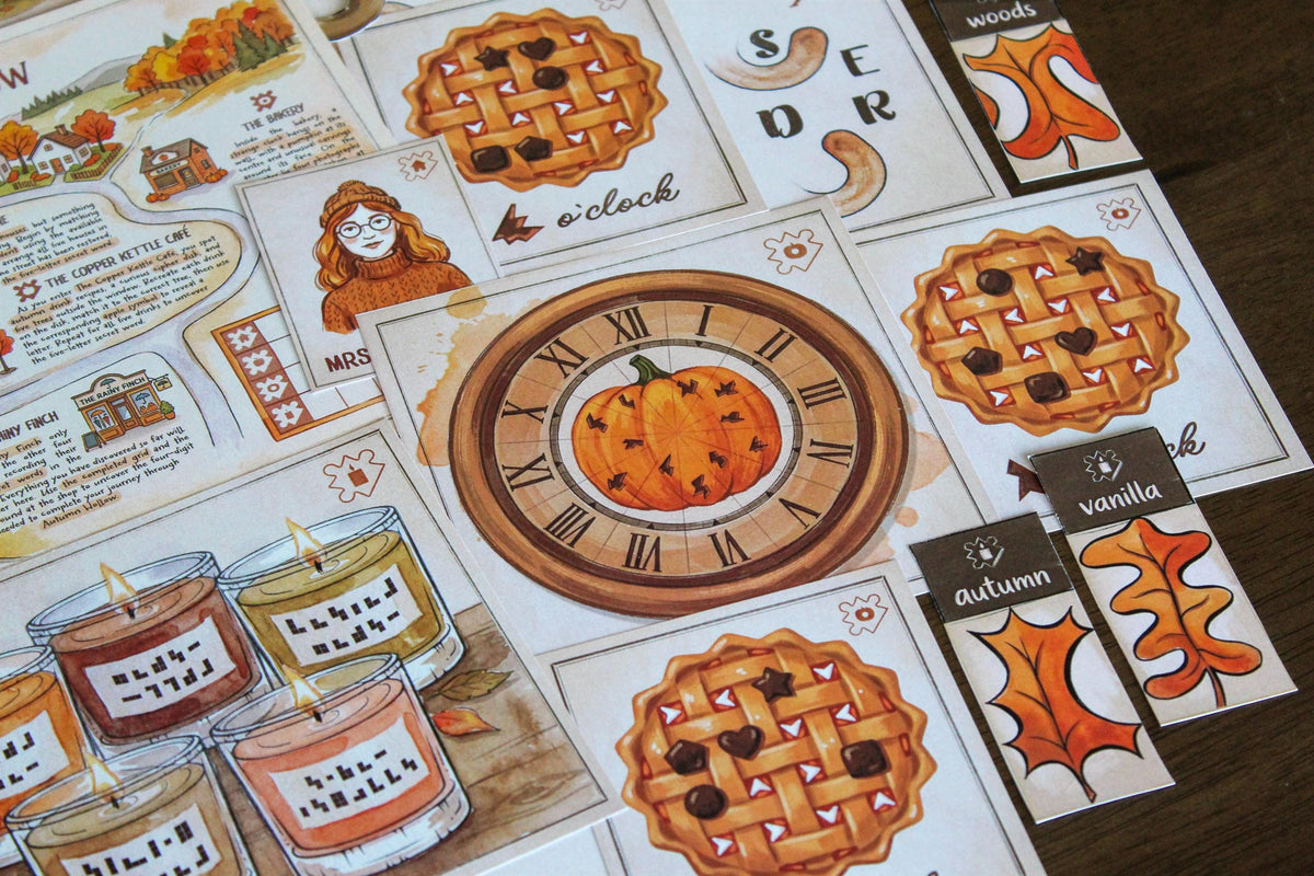Close-up of Cozy Autumn Escape Room, a printable fall-themed escape room for teens, adults, families, and puzzle lovers. The image features a pumpkin clock puzzle, illustrated apple pie cards, coded candle labels, autumn leaf clues, character art, and part of the Autumn Hollow map. Warm seasonal artwork and hands-on printable components create a cozy at-home escape room experience built around logic, observation, decoding, and interactive autumn-themed puzzle solving.