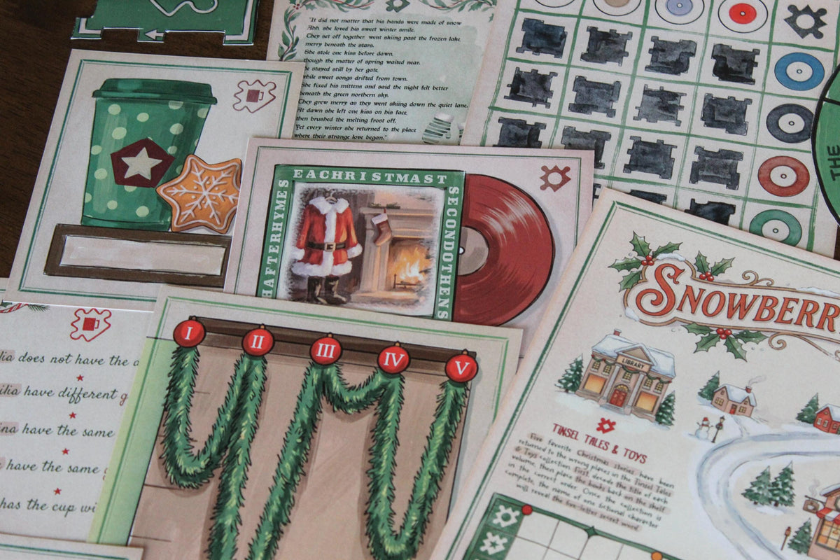 Close-up of Cozy Christmas printable escape room materials spread across a table, featuring the illustrated Snowberry Lane map, Advent Workshop fireplace puzzle, Santa record card, logic clues, rotating decoder, festive book cards, Christmas tree instructions, and answer grid. The scene showcases the colorful, hands-on paper puzzles and storybook village artwork included in the MysteryLocks Cozy Christmas Escape Room for teens, adults, families, and holiday game nights.