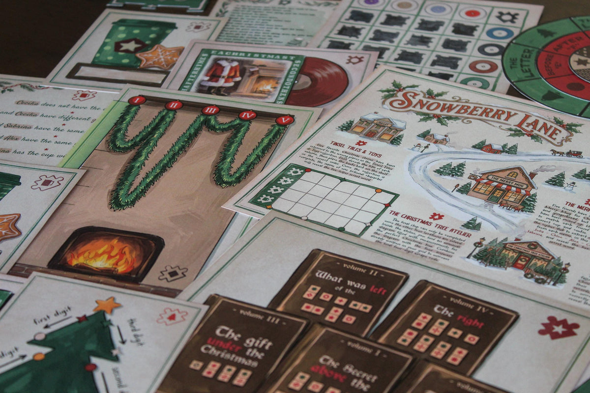 Close-up of Cozy Christmas printable escape room materials arranged on a table, including the illustrated Snowberry Lane map, a Santa-themed vinyl record puzzle, festive takeaway cup and gingerbread card, garland measuring puzzle, lyric sheet, logic clues, and coordinate grid. The scene highlights the varied tactile paper components and cozy Christmas artwork included in the MysteryLocks Cozy Christmas Escape Room for adults, teens, families, and holiday game nights.