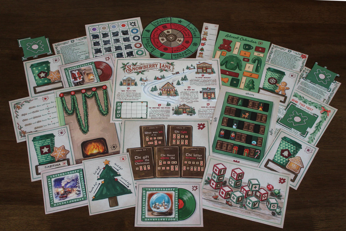 Wide overhead view of the complete Cozy Christmas printable escape room spread across a table, featuring the illustrated Snowberry Lane map, Advent Calendar, rotating decoder wheel, festive takeaway cup cards, Christmas records, bookcase puzzle, fireplace and garland challenge, coded story books, Christmas tree instructions, and toy block puzzle. A colorful overview of the hands-on paper components included in the MysteryLocks Cozy Christmas Escape Room for teens and adults.