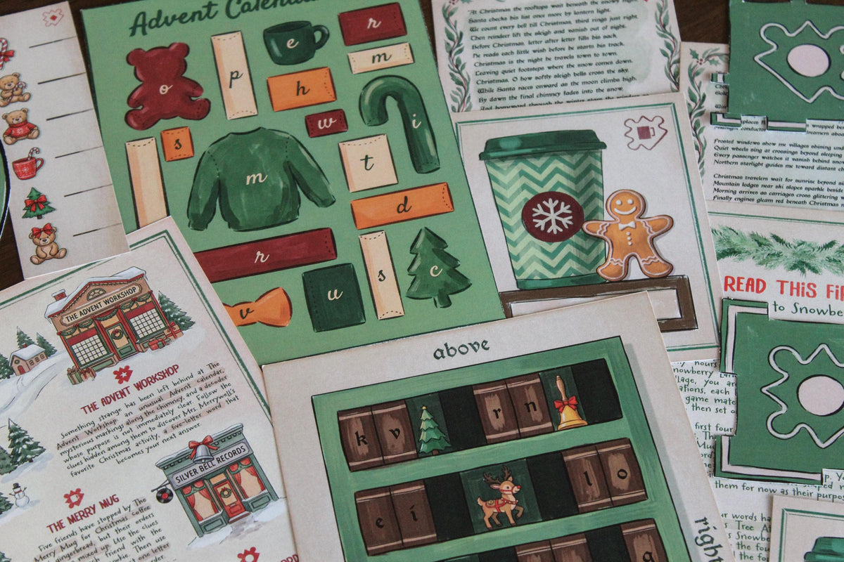 Close-up of Cozy Christmas printable escape room materials arranged on a table, featuring the Advent Calendar puzzle with illustrated toys and letters, a festive takeaway cup with gingerbread man, the Tinsel Tales & Toys bookcase puzzle, Snowberry Lane story pages, lyric sheets, and other interactive paper components. A detailed look at the varied Christmas-themed puzzles included in the MysteryLocks Cozy Christmas Escape Room for teens, adults, families, and holiday game nights.