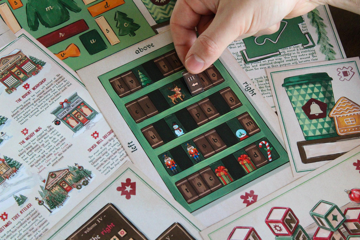Write me an alt description (500 characters)
Close-up of a Cozy Christmas printable escape room in play, with a hand moving a numbered book piece on a festive green bookcase puzzle. Surrounding materials include the illustrated Snowberry Lane map, Advent Calendar puzzle, takeaway cup and gingerbread card, Christmas story books, building illustrations, and colorful block pieces. A hands-on holiday puzzle game featuring tactile paper components and varied Christmas-themed challenges.