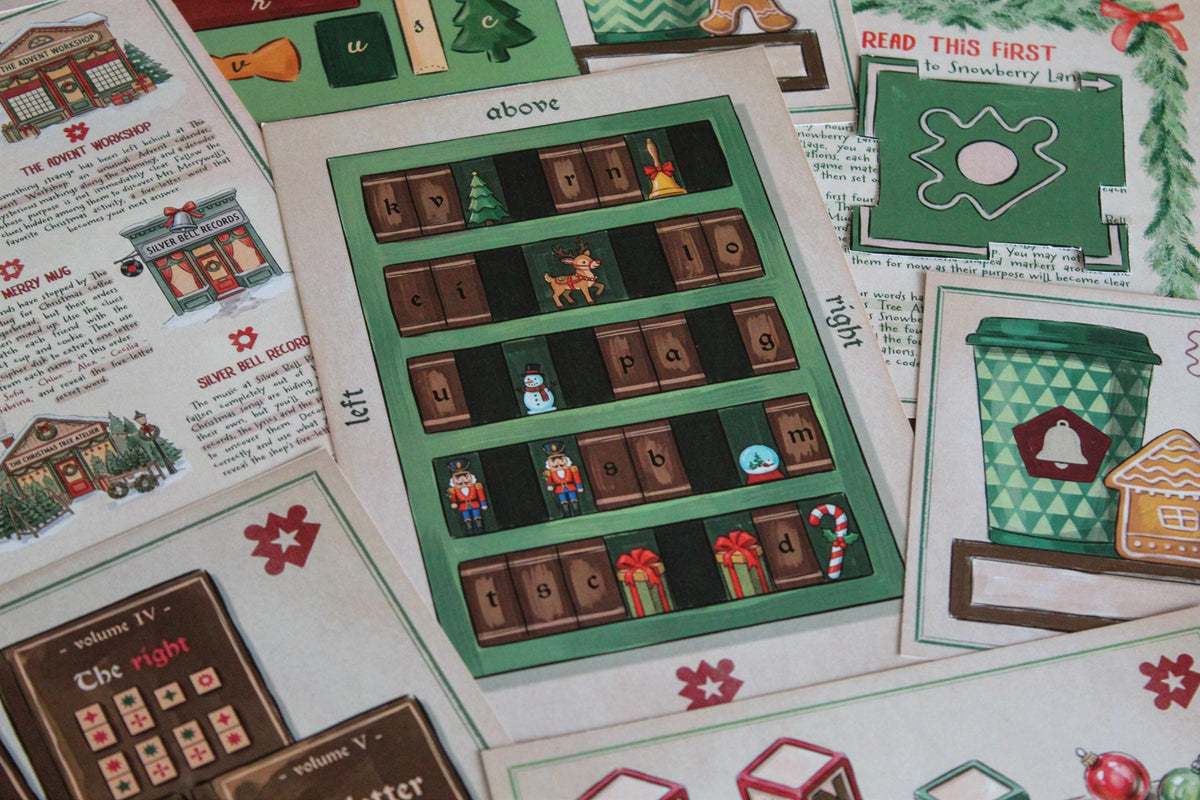 Close-up of Cozy Christmas printable escape room materials, featuring the Tinsel Tales & Toys bookcase puzzle with movable books and festive decorations, a Christmas takeaway cup with gingerbread cookie, Snowberry Lane story pages, coded book cards, and other puzzle pieces. The image highlights the tactile paper components, illustrated holiday artwork, and hands-on challenges included in the MysteryLocks Cozy Christmas Escape Room for teens, adults, families, and holiday game nights.