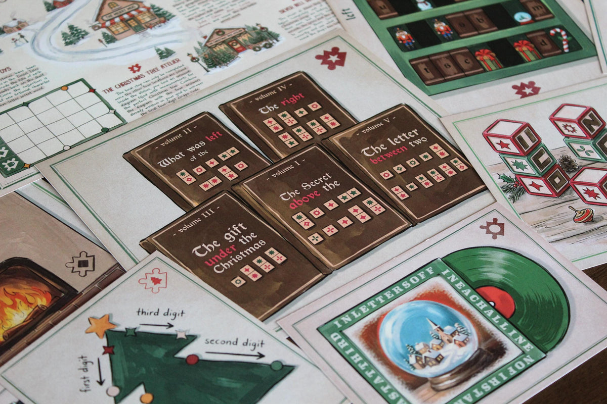 Close-up of Cozy Christmas printable escape room materials spread across a table, featuring five coded Christmas book cards, the illustrated Snowberry Lane map, festive toy blocks, a green vinyl record puzzle, Christmas tree instructions, fireplace artwork, and the Tinsel Tales & Toys bookcase challenge. A detailed view of the tactile paper puzzles, decoding activities, and storybook-style holiday artwork included in the MysteryLocks Cozy Christmas Escape Room.