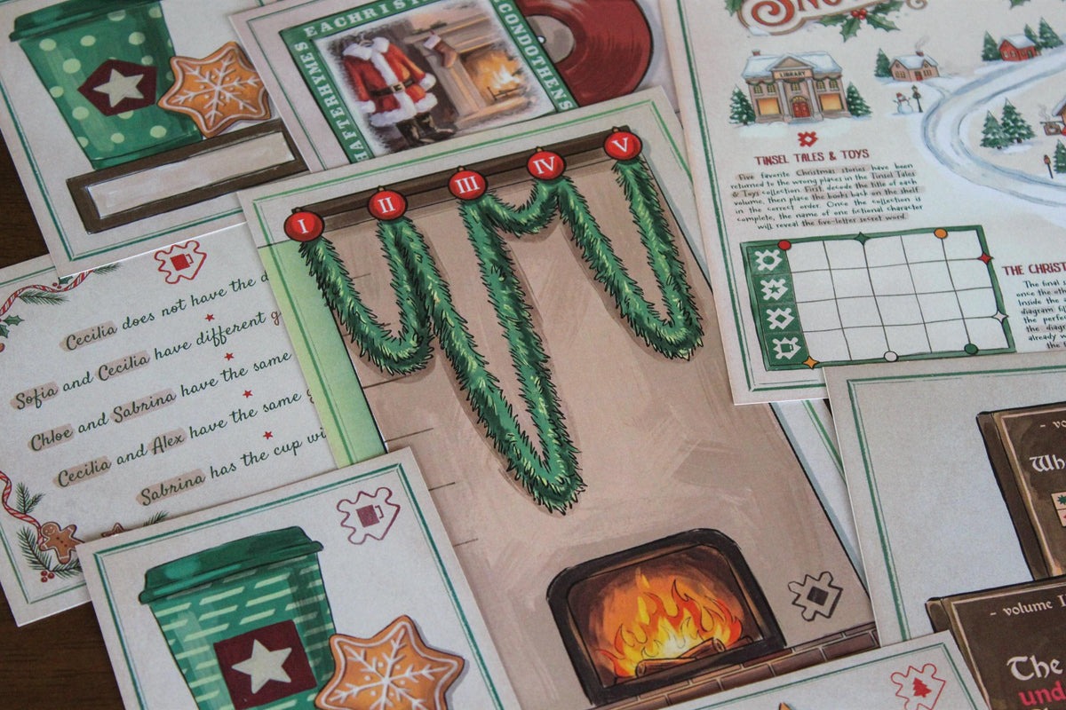Close-up of Cozy Christmas printable escape room materials arranged on a table, featuring the Advent Workshop fireplace and hanging garland puzzle, festive takeaway cup and gingerbread card, Santa-themed vinyl record, Merry Mug logic clues, Snowberry Lane map with answer grid, and coded Christmas book cards. The image showcases the colorful, tactile paper puzzles and cozy holiday artwork included in the MysteryLocks Cozy Christmas Escape Room for teens and adults.