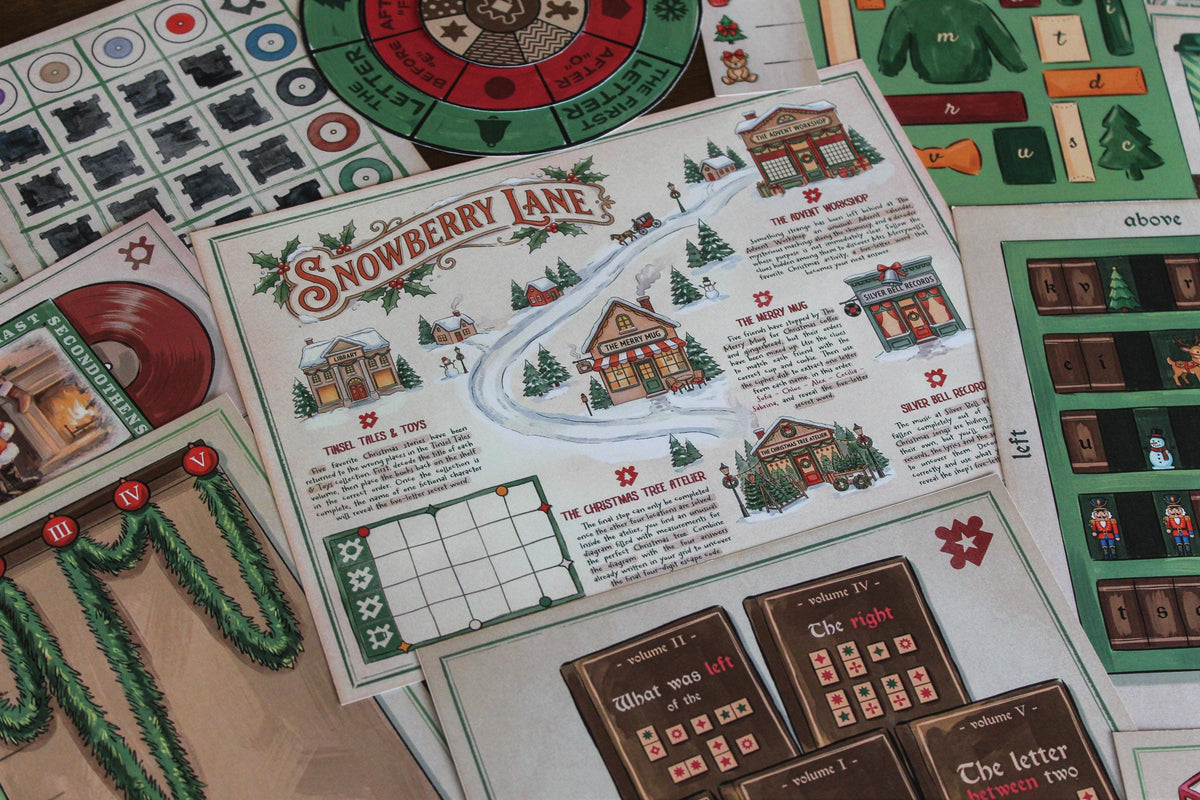 Close-up of Cozy Christmas printable escape room materials arranged around the illustrated Snowberry Lane map, showing the village’s festive locations, answer grid, rotating decoder wheel, Advent Workshop puzzle, Christmas book cards, vinyl record, garland challenge, and bookcase puzzle. The scene highlights the storybook Christmas village setting, colorful paper components, and varied hands-on puzzles included in the MysteryLocks Cozy Christmas Escape Room.