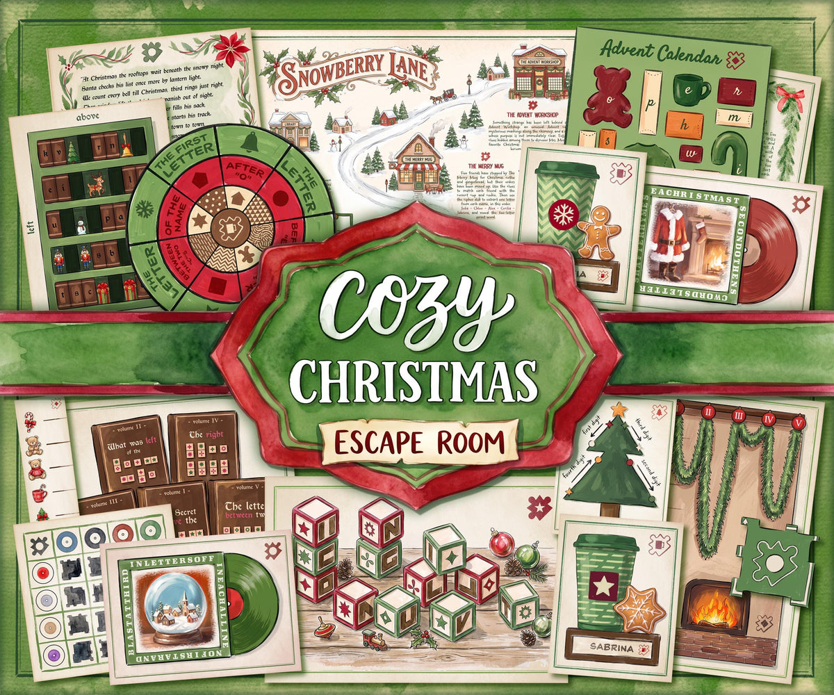 Close-up of a player holding a printable Cozy Christmas Escape Room puzzle card featuring a green takeaway cup, star-shaped gingerbread cookie, and the name Sabrina. In the background are illustrated Snowberry Lane game materials, including the village map, answer grid, Christmas bookcase, and other festive puzzle pieces. A hands-on Christmas escape room activity for adults, teens, couples, families, and holiday game nights.