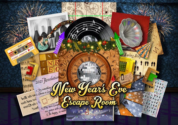 DIY New Year's Eve Escape Room printable pack with countdown challenges and midnight-themed puzzles for holiday party fun.