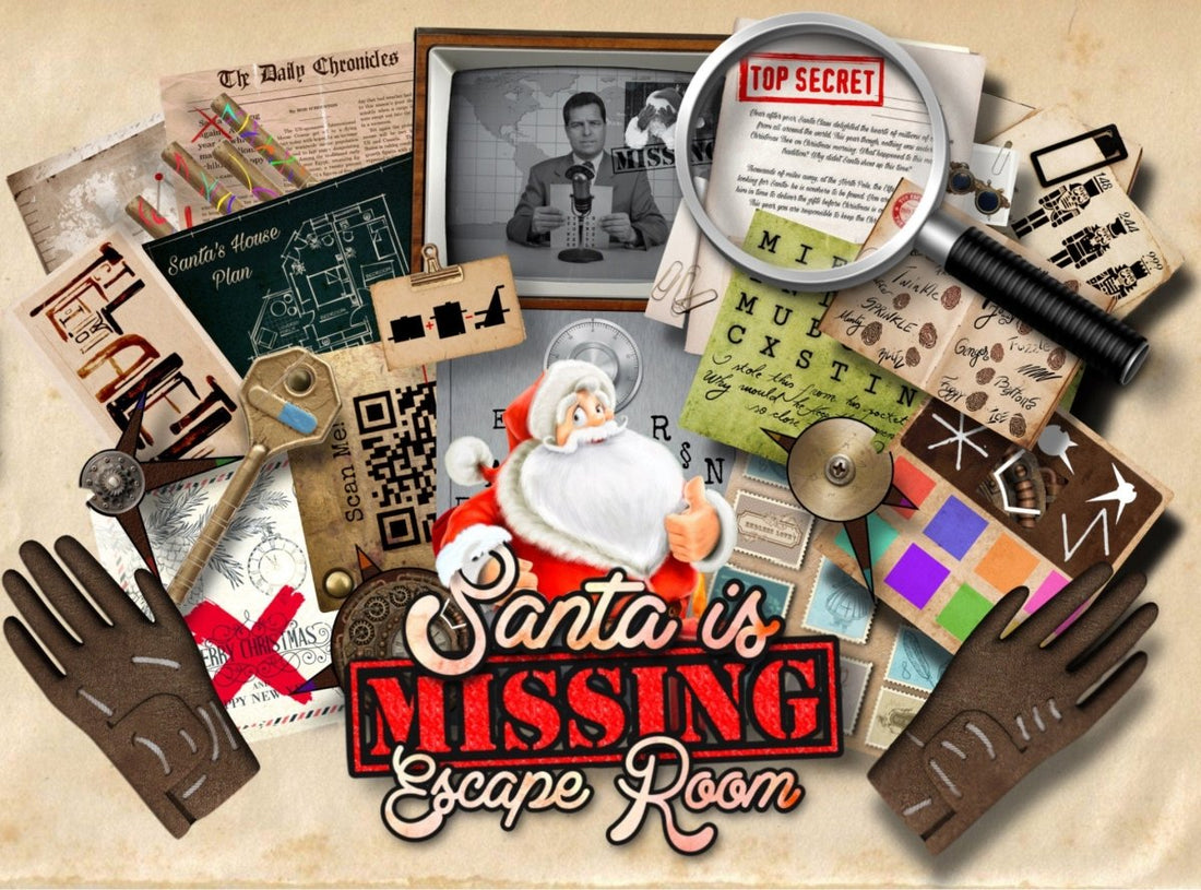 DIY Escape Room printable 'Santa is Missing' featuring North Pole mysteries and Christmas clues to find Father Christmas.