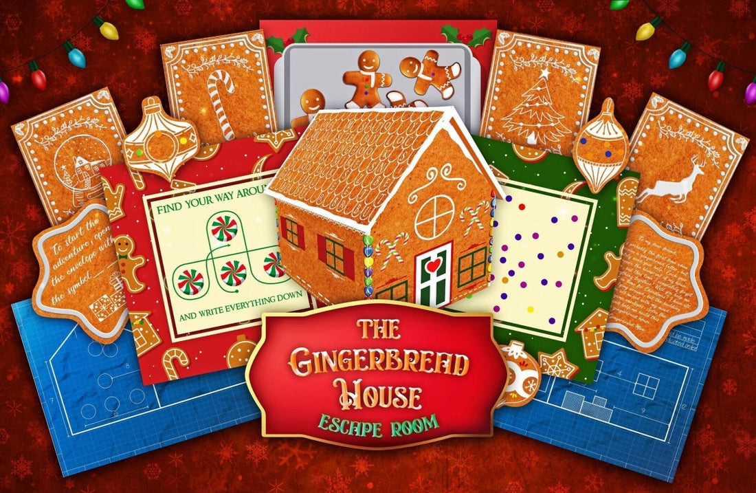 DIY Gingerbread House Escape Room printable featuring sweet holiday mysteries and candy-themed puzzles for family fun.