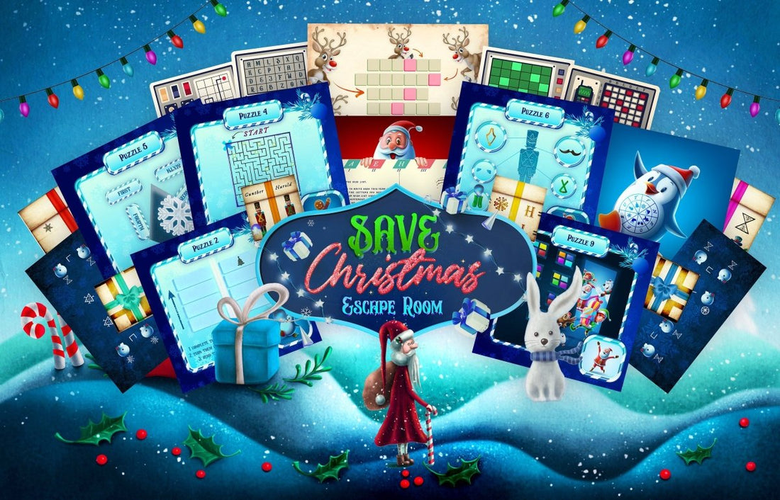 DIY Save Christmas Escape Room printable pack featuring urgent holiday mysteries and festive puzzles to rescue the holidays.