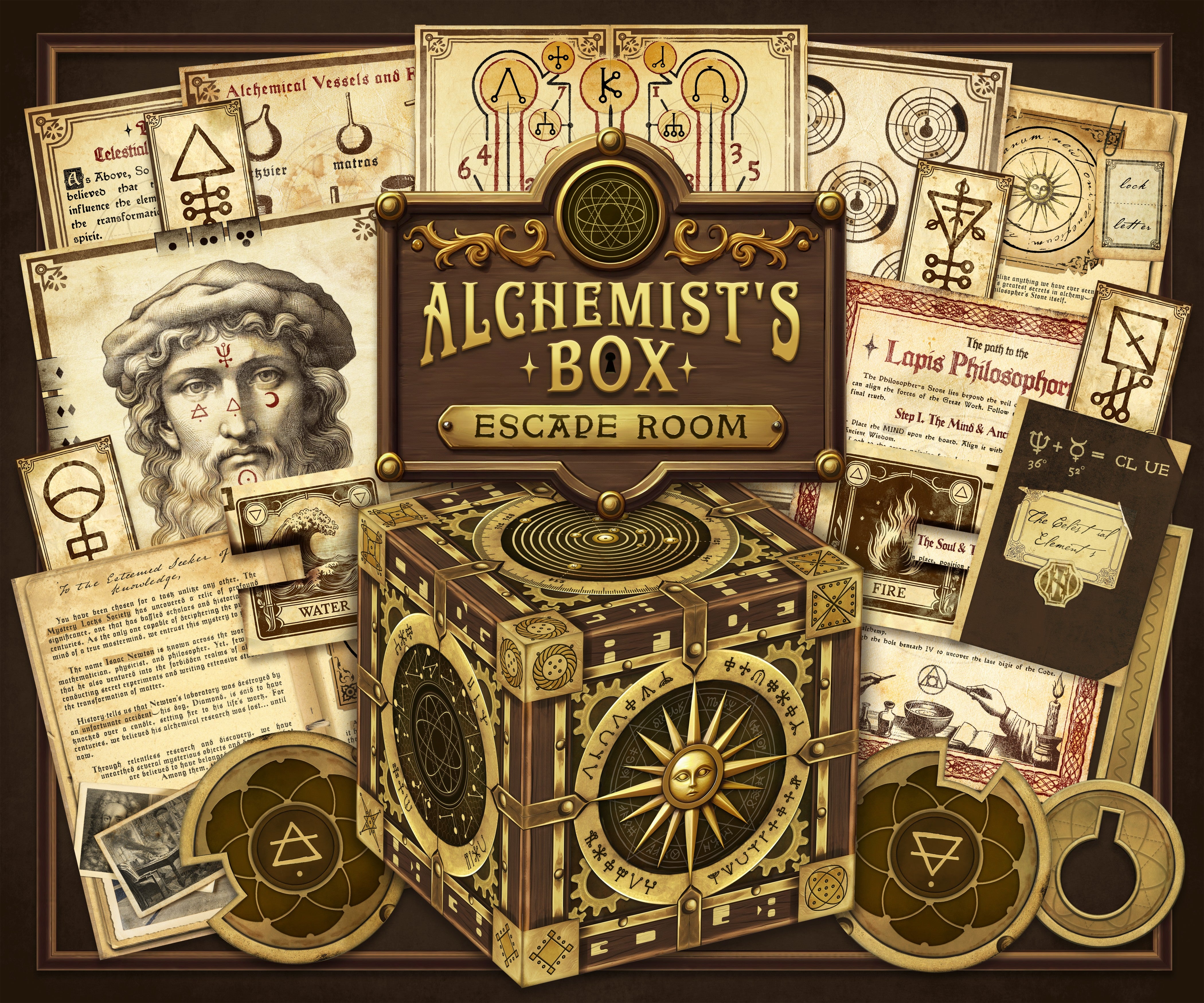 The game cover artwork of our alchemy-themed printable escape room. This escape room for adults features amazing artwork and complex escape room puzzles. Turn your home into an escape room with The Alchemist’s Box, a printable escape room filled with challenging puzzles and hidden secrets. Download, print, and play instantly!