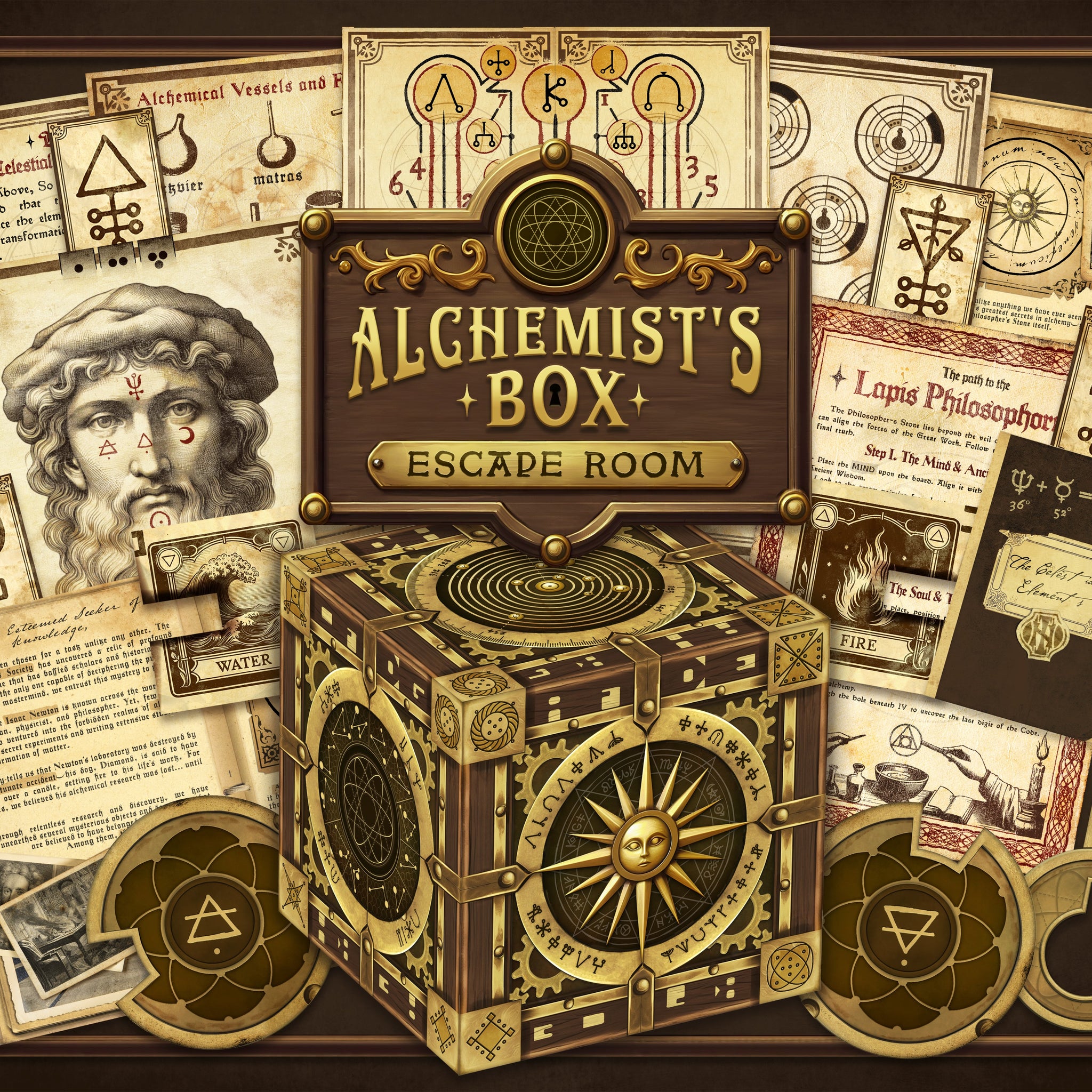 The game cover artwork of our alchemy-themed printable escape room. This escape room for adults features amazing artwork and complex escape room puzzles. Turn your home into an escape room with The Alchemist’s Box, a printable escape room filled with challenging puzzles and hidden secrets. Download, print, and play instantly!