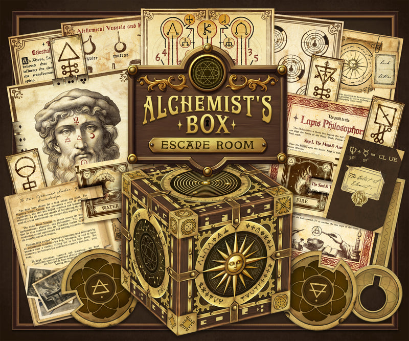 The game cover artwork of our alchemy-themed printable escape room. This escape room for adults features amazing artwork and complex escape room puzzles. Turn your home into an escape room with The Alchemist’s Box, a printable escape room filled with challenging puzzles and hidden secrets. Download, print, and play instantly!