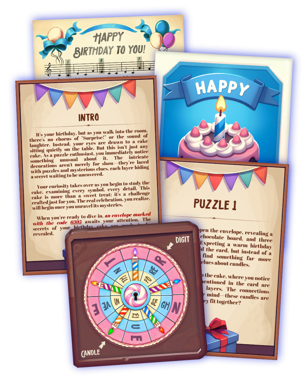 The Birthday Cake DIY Escape Room Kit is a Printable Escape Room that includes escape room story cards for the players to read before solving escape room puzzles.