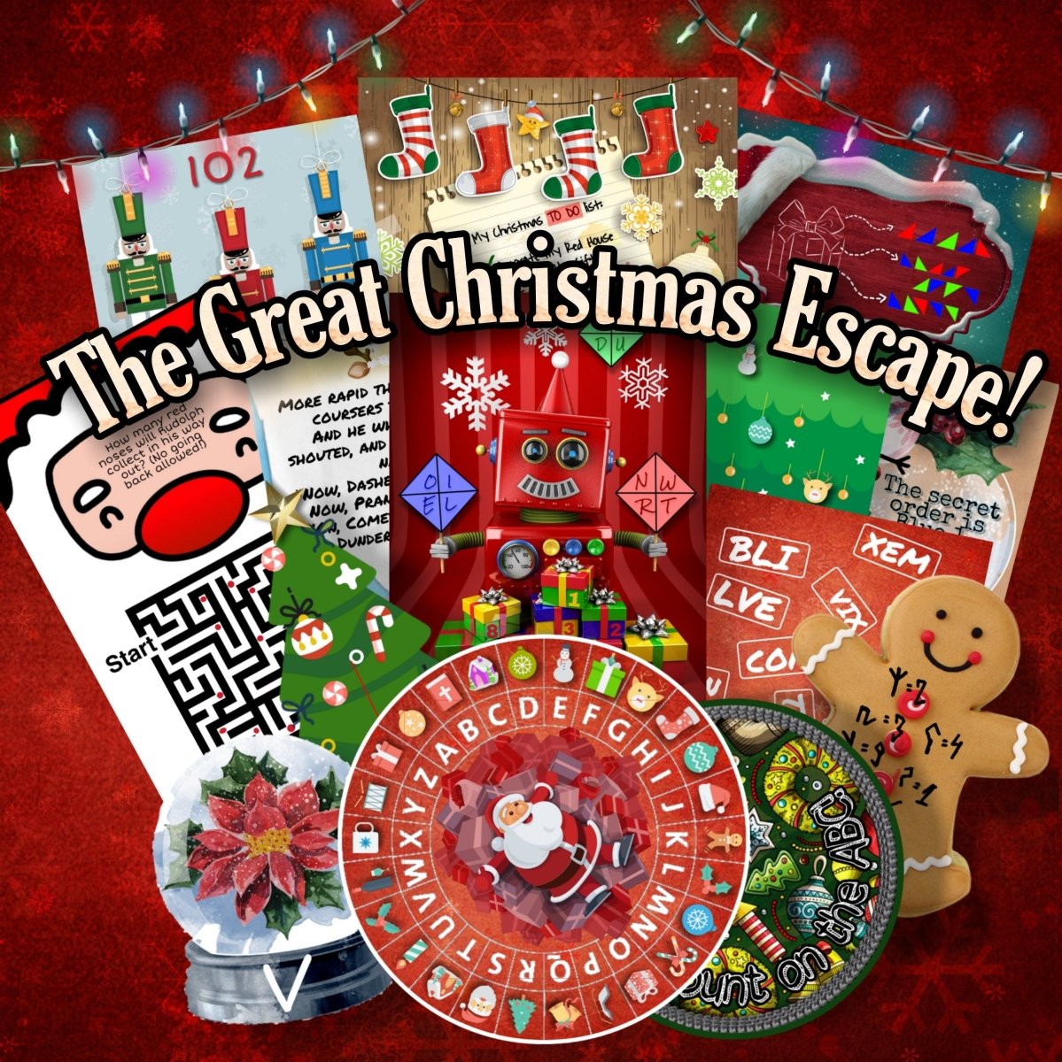 DIY Great Christmas Escape Room printable featuring epic holiday mysteries and festive puzzle challenges for family adventure.