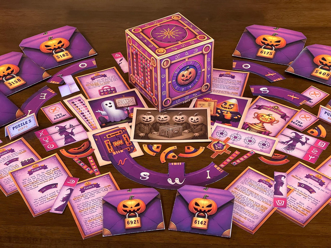 The Halloween Box is a printable escape room game for kids, teens, and families. This DIY kit includes puzzles, story cards, hints, and solutions in an immersive Halloween mystery. Players must solve six spooky challenges, collect five stone pieces, and unlock the final code before midnight to save Halloween. Perfect for parties, classrooms, or a family game night, this escape room at home brings the magic of Halloween alive.